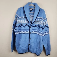 Lands End Men XL Blue Shawl Collar Cardigan Sweater Fair Isle Pattern Wool Blend