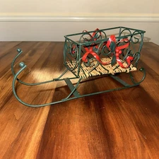 Christmas Wicker & Metal Sleigh Basket Woven Red Green Holly Centerpiece