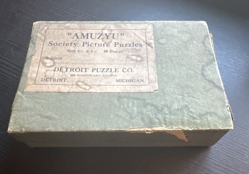 1920s Antique Society Picture Puzzle “AMUZYU” 40 Wood Pieces 4.25x4.25 Detroit