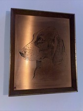 Vintage EH Hart? etched Dachshund dog portrait On Copper In a wood frame 27x21cm