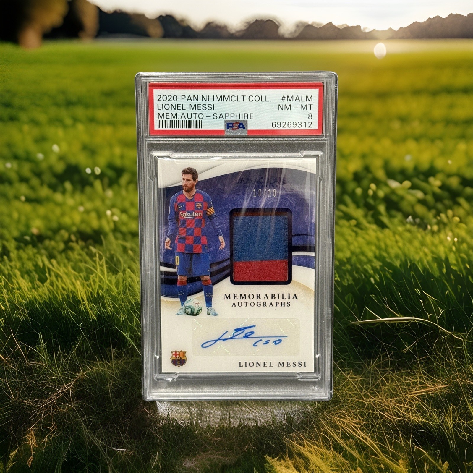 2020 Panini Immaculate Lionel Messi 2-Color Patch Auto Sapphire #10/10 PSA 8