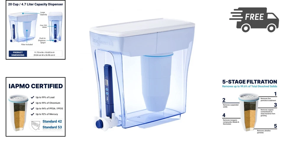 Water Filter Dispenser 20 Cup ZeroWater 5 Stage Countertop TDS Meter Certified - Image 2 of 4