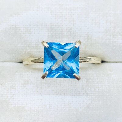 Quadratischer Verlobungsring 2 kt 10 kt Gelbgold Prinzessschliff Blautopas Größe 9,5 2 g