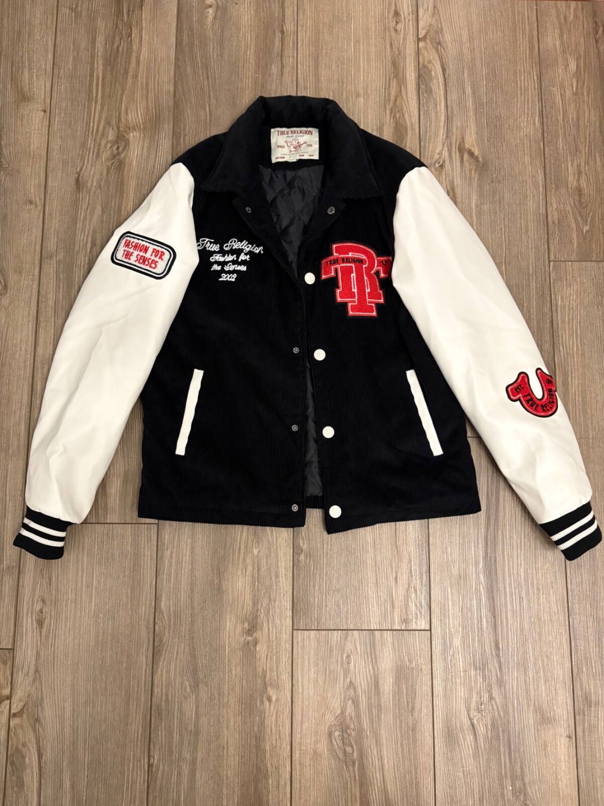 true religion corduroy varsity jacket black and white size Medium!