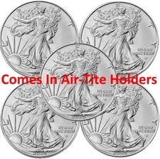 Lot of 5 - 2025 American Eagle Coins 1 oz 999 Fine Silver BU - Air-Tite Holders