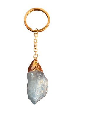 Blue Raw Crystal Stone Point Keychain Bag Charm Gold Leaf 4.25'' Long