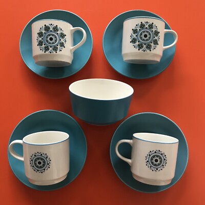 4 Vintage Retro 50-60er Johnson Bros Snowhite Blue Moon seltene Tasse Untertasse Zucker Set
