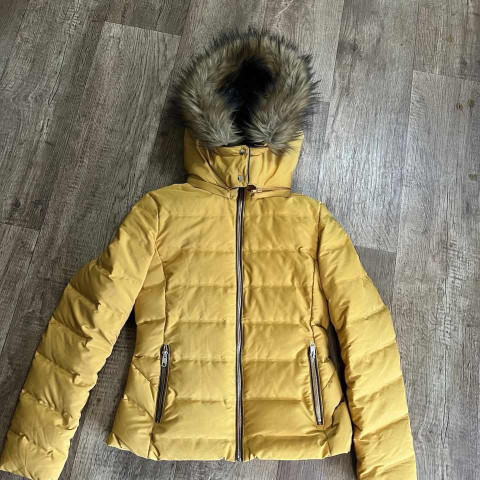 Zara Down Filled Puffer Winter Jacket Mustard Removable Hood Size M Faux Fur - Image 4 of 4