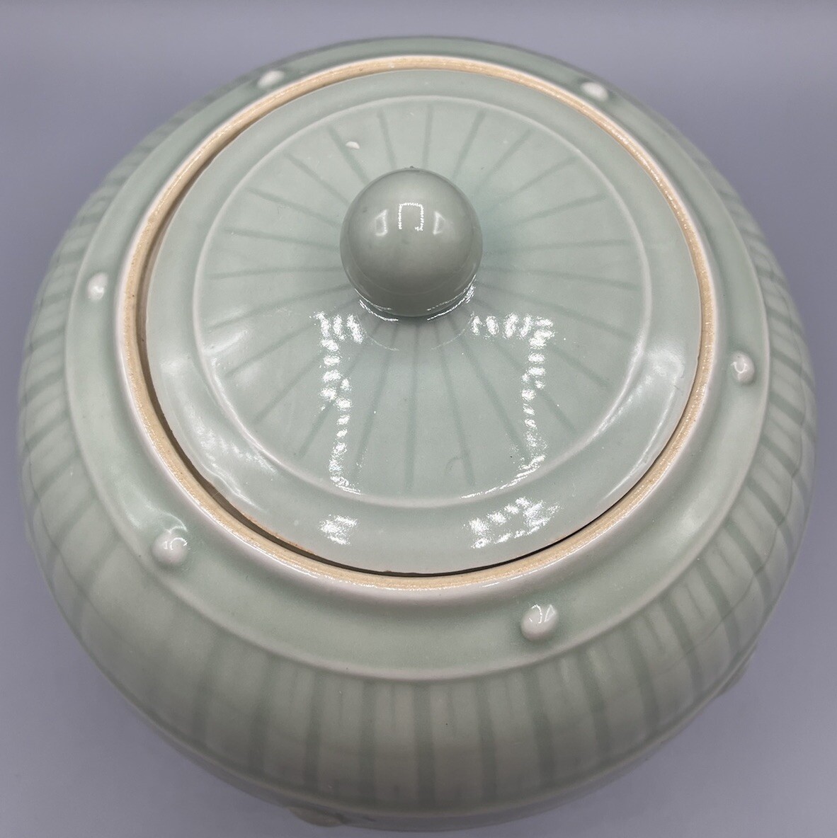 Antique Chinese Celadon Glazed Porcelain 7” Tall, 7.5” Diameter