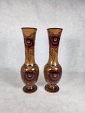 Vintage Set Wood Vase Matching Hand Turned and Painted Folk Art Floral Pattern