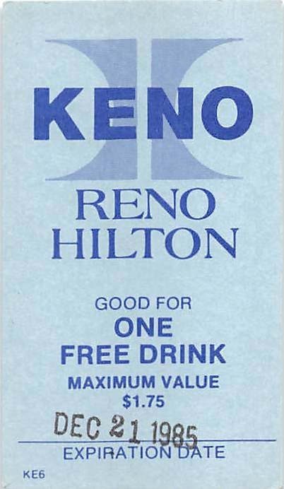 Reno Hilton Casino - Reno, NV - Vintage Paper Keno Free Drink Coupon