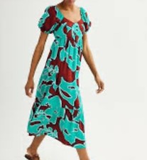 Nine West Babydoll Maxi Dress Puff Sleeve Teal & Brown Sz X Small  NWT. A22