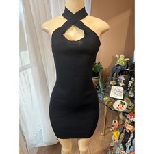 Active USA Black Ribbed Knit Bodycon Dress Criss Cross Halter Neck Keyhole Large
