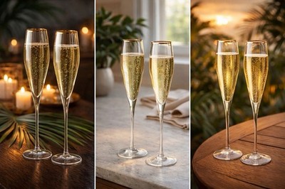 SET OF 4 Viski Gold-Rimmed Lead-free Crystal Champagne Flutes