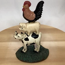 Vtg Hand Painted Cast Iron Doorstop Farm Animals Stacked Cow Pig Rooster 9” Tall