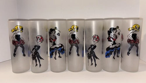Vintage Frosted Can-Can Burlesque Dancer Glasses Tom Collins Tumblers Set Of 7