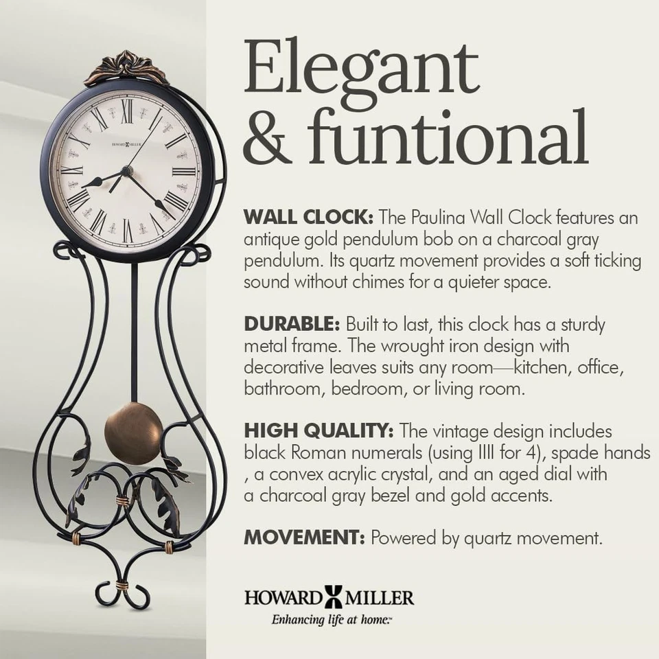 Howard Miller Paulina Wall Clock, Gray Finishes with Golden Pendulum & Quartz Mo - Image 3 of 4