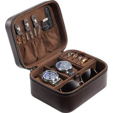 Travel Watch Case for Men, 2 Slot Jewelry Box Organizer - Brown Leather Design