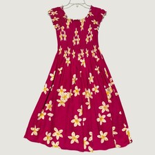 Favant Hawaii Pink Plumeria Floral Smocked Midi Dress One Size Tropical Rayon