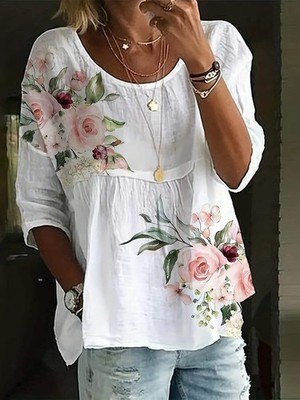 Womens Cotton Linen Floral Tunic Tops Blouse Ladies Boho Loose Summer T-Shirt