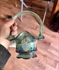 Fenton Irridescent Carnival Glass Ruffled Basket Vintage Blue/Green 7" Tall