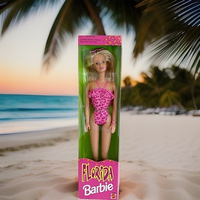 Vintage 1998 Florida Barbie Blonde Doll Mattel Pink Leopard
