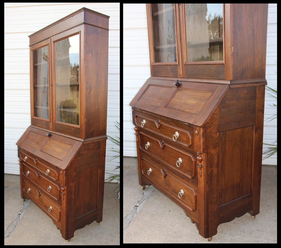 1800s Square Nail Walnut Drop Front Desk Secretary Bookcase Display Cabinet &Key - Image 2 of 4