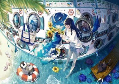 Anime girls blue dress sunflowers laundromat washing Custom Gaming Mat Desk
