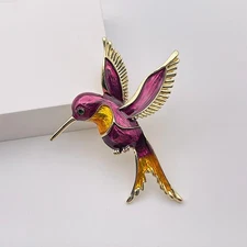 Vintage Style Hummingbird Brooch Pin Purple Yellow Enamel Gold Tone Bird Jewelry