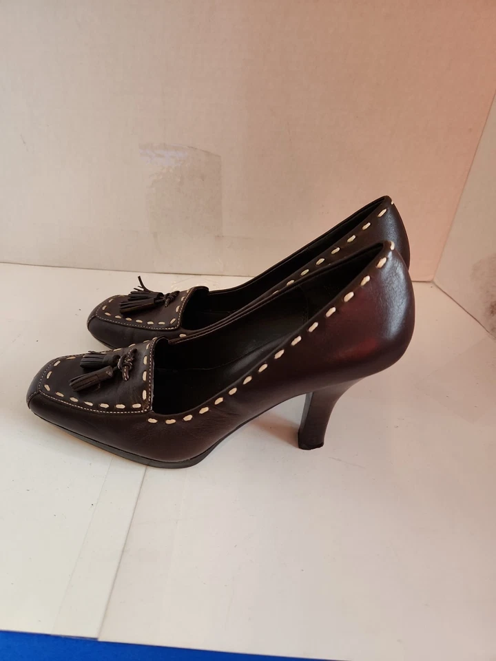 Worthington Brown Pumps Size 6.5 Shoes Heels 3.5" Women Tassel cream Contrast - Image 2 of 4