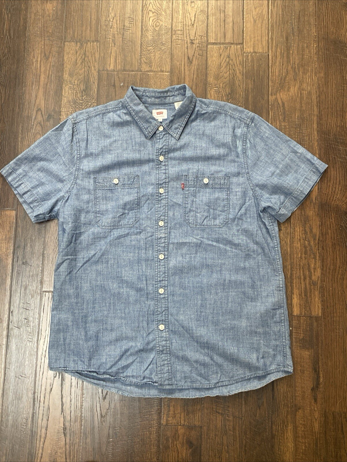 Levis Short Sleeve Shirt Blue Chambray Button Up Front Pocket Men Size: XL