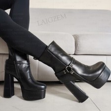 Women Ankle Boots Platform Round Toe Thick High Heels Side Zip Up Short Booties