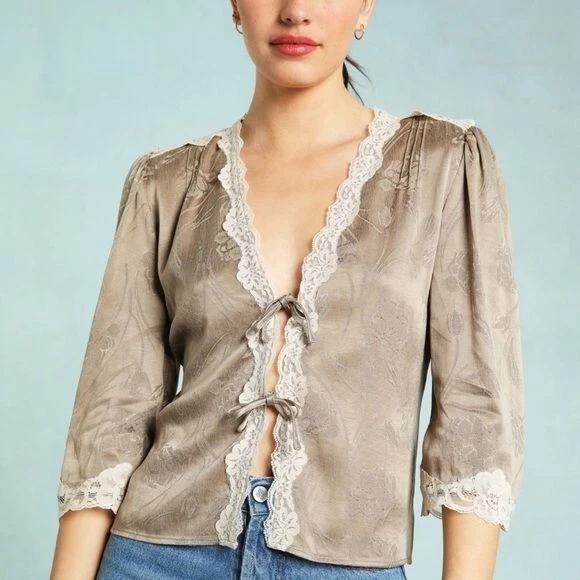 Rouje Aldo Lace Trim Tie Blouse Sz 44 12 NEW