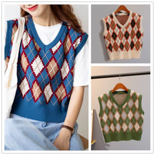 Check Women Knitted Tank Tops Vest Waistcoat Gilet Sweater Jumper Retro
