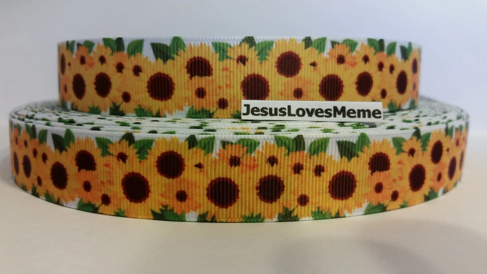 Grosgrain Ribbon, Large Bright Sun Flowers, Daisies, Black Eyed Susans, 7/8" - Image 1 of 1