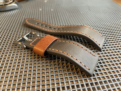 22mm GRAY Full Grain Italian leather Strap watch ORANGE Open Stitch