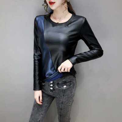 #ad Ladies Faux Leather Pullover Shirt Top Two Tone Patchwork PU Slim Basic Blouse $39.47