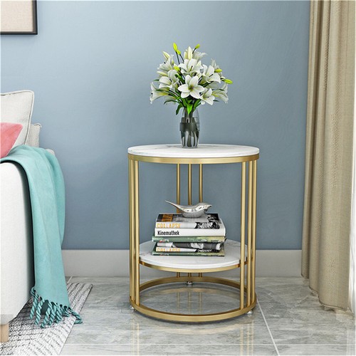 2-Layer Heavy Duty Marble Side Table Accent Coffee Table Nightstand Open Storage - Picture 8 of 32
