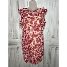 EXPRESS PINK CREAM FLORAL LINED CHIFFON RUCHED RUFFLE SLEEVELESS SHEATH DRESS M