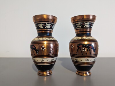 Vintage handgefertigte Miniatur Kupfer Vase, handbemalt Antilope Gazelle