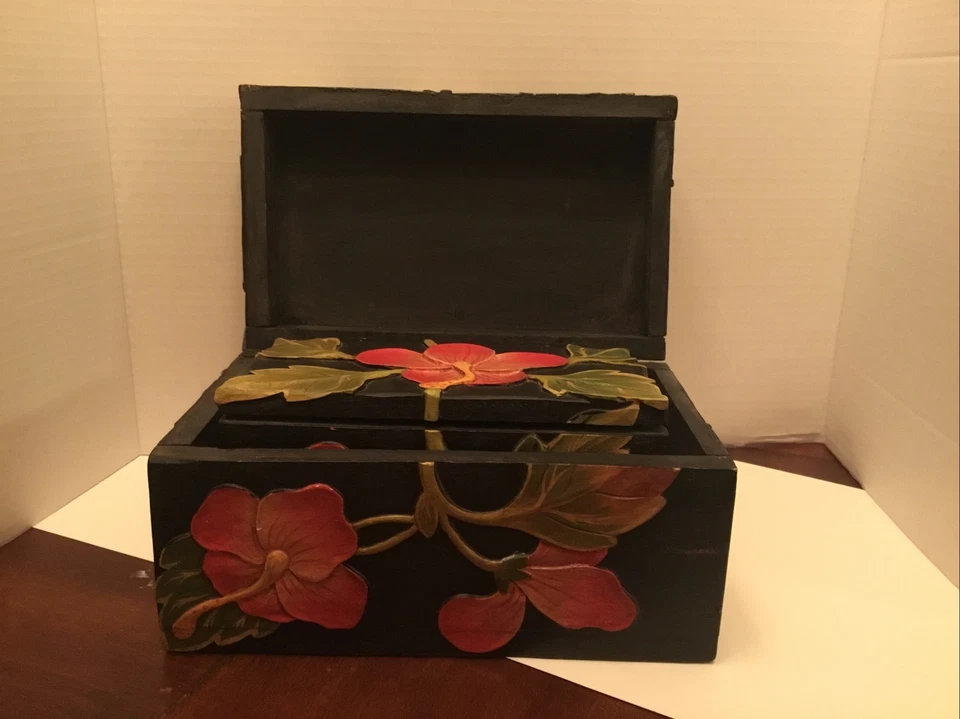 Wooden Handcrafted Nesting Boxes Floral Embossed With Hinged Lids - SET OF 3  - Image 3 of 4