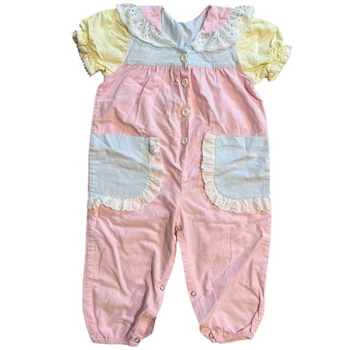Vintage Pastel Colorblock Baby Romper Age 24 Months Frilly Pink Blue Yellow Evy