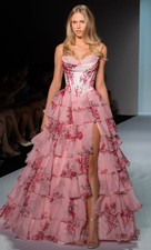 Sherri Hill - Floral Strapless Satin Corset Ball Gown with Ruffle Skirt - 57249