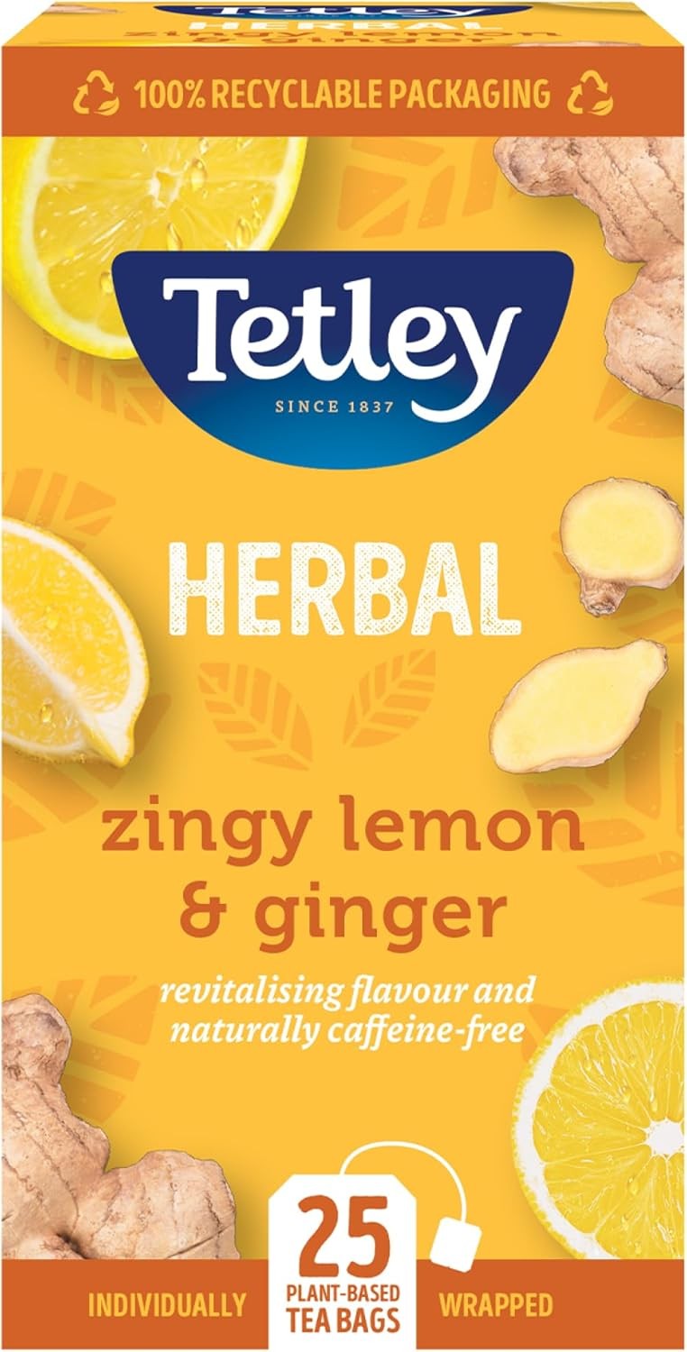 Tetley Zingy Lemon & Ginger Herbal Tea Bags - Naturally Caffeine-Free - Perfect