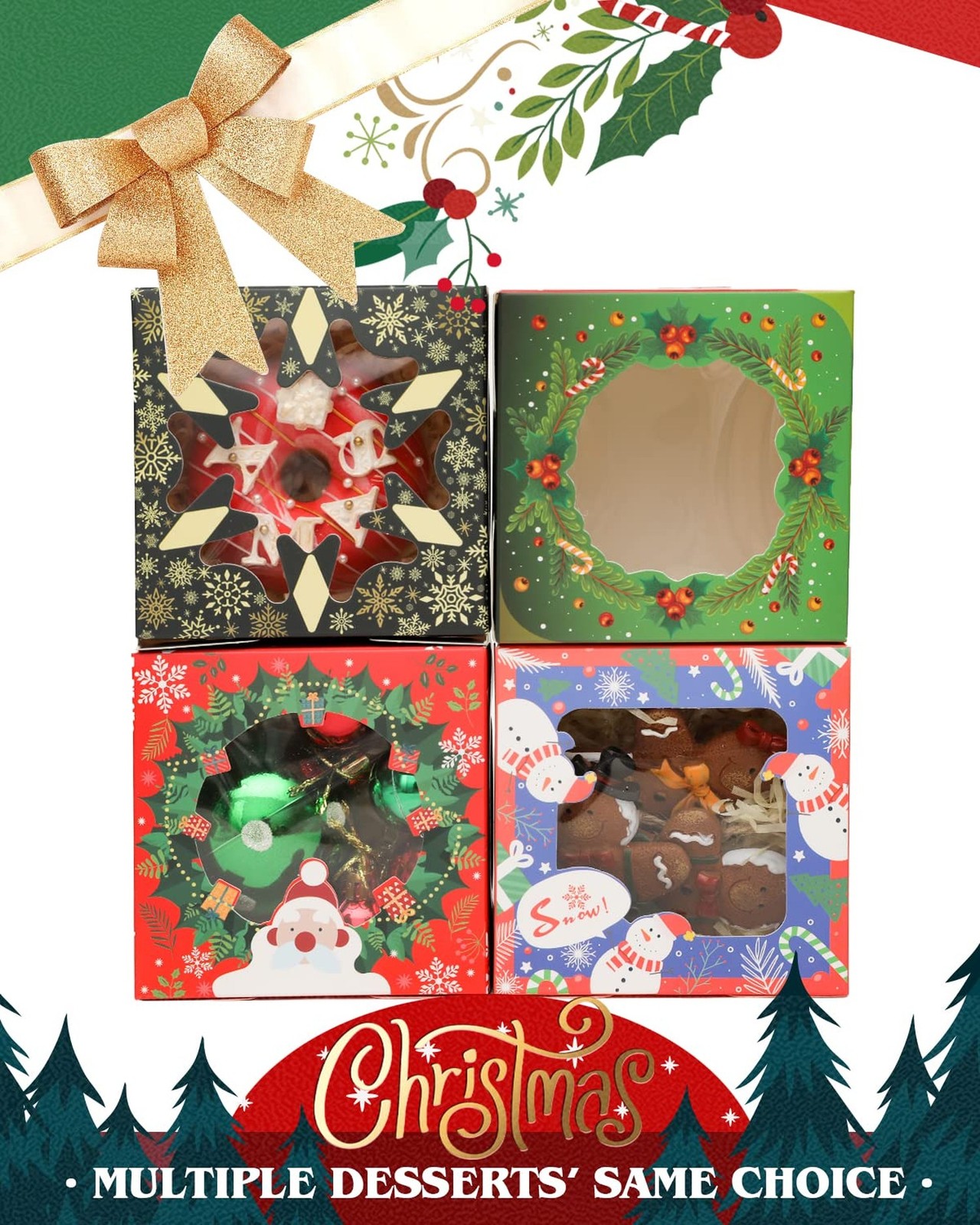 qiqee Christmas Bakery Boxes with Window 100pcs 4x4x2.5 Mini Cookie Boxes Mac...