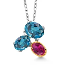 925 Silver and 10K Yellow Gold London Blue Topaz and Created Ruby Pendant