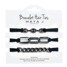 Maya J Bracelet Elastic Hair Ties with Gunmetal Chain, Black, Set of 3