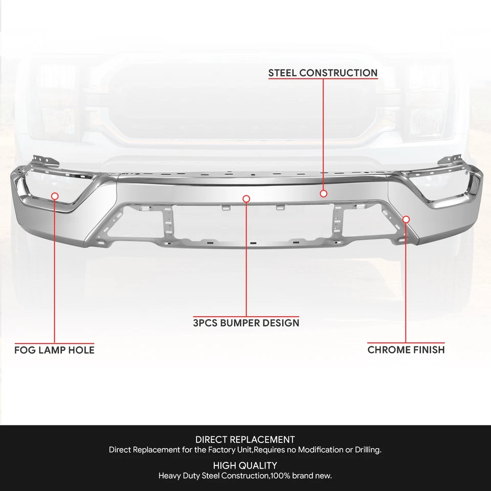 Chrome Steel Front Bumper Face Bar w/ Fog Light Holes for 2021-2023 Ford F-150 Foto 2 de 4