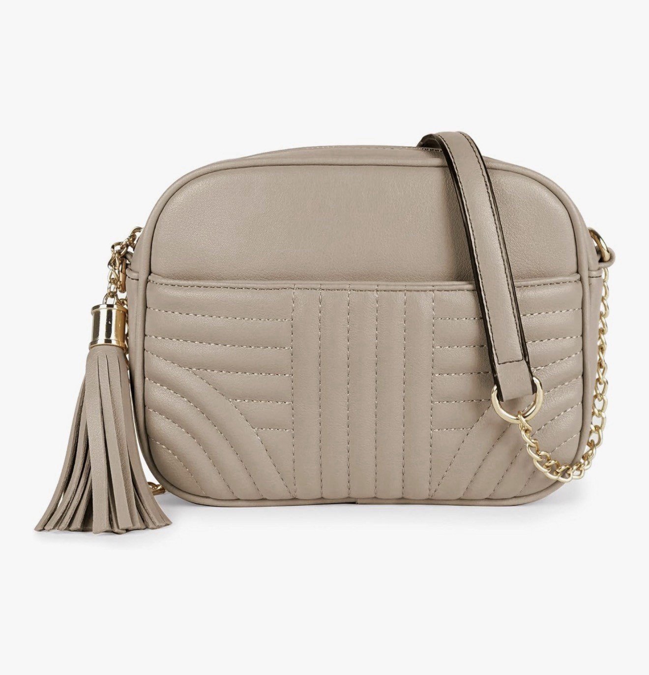 Vegan Leather Beige Quilted Crossbody Gold Chain Tassel Adjustable Purse NWOT