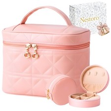 Makeup Bag with Jewelry Case Set, Pink Quilted PU Leather with Handle, Gold Z...